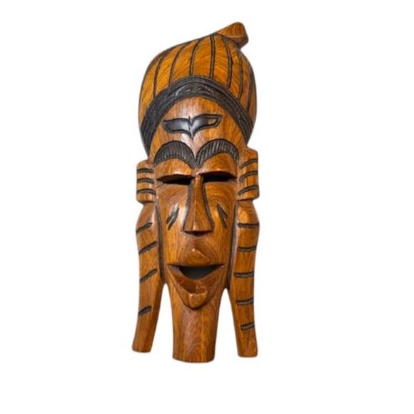 Hand-Carved African Wood Sculpture • Ghana Tribal Mask-Style Standing Figure - Picture 2 of 4